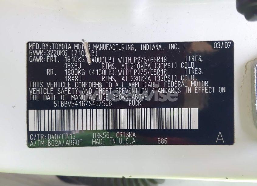 Photo 9 of 2007 Toyota Tundra SR5 5.7L V8 (VIN 5TBBV54167S457566)