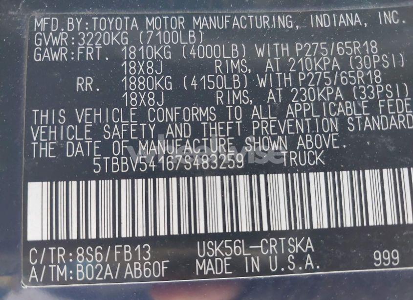 Photo 9 of 2007 Toyota Tundra SR5 5.7L V8 (VIN 5TBBV54167S483259)