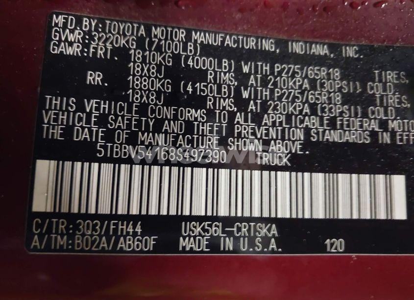 Photo 9 of 2008 Toyota Tundra SR5 5.7L V8 (VIN 5TBBV54168S497390)