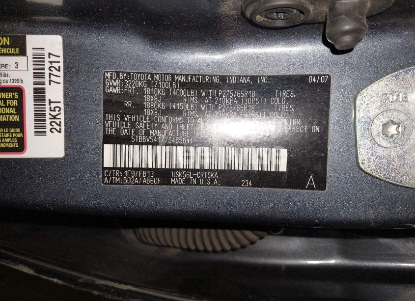 Photo 9 of 2007 Toyota Tundra SR5 5.7L V8 (VIN 5TBBV54177S465644)