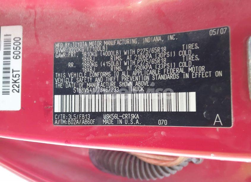 Photo 9 of 2007 Toyota Tundra SR5 5.7L V8 (VIN 5TBBV54177S467233)