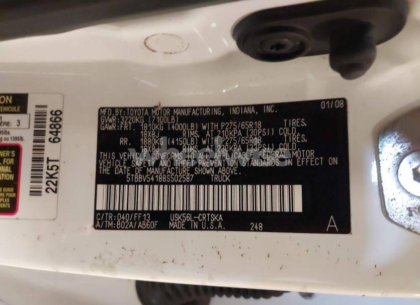 Photo 9 of 2008 Toyota Tundra SR5 5.7L V8 (VIN 5TBBV54188S502587)