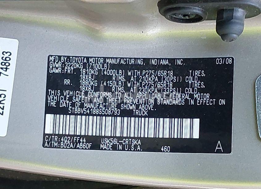 Photo 9 of 2008 Toyota Tundra SR5 5.7L V8 (VIN 5TBBV54188S508793)