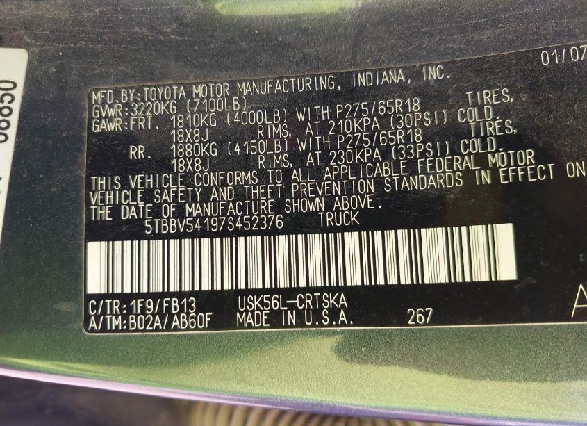 Photo 9 of 2007 Toyota Tundra SR5 5.7L V8 (VIN 5TBBV54197S452376)