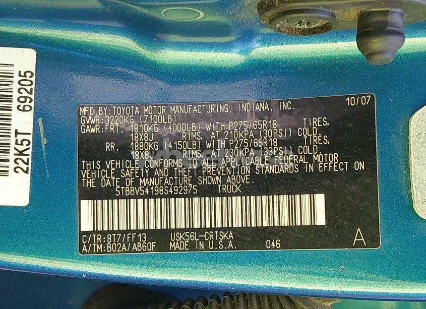 Photo 9 of 2008 Toyota Tundra SR5 5.7L V8 (VIN 5TBBV54198S492975)