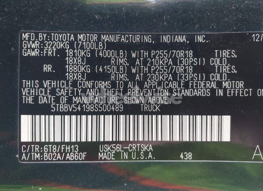 Photo 9 of 2008 Toyota Tundra BASE 5.7L V8 (VIN 5TBBV54198S500489)