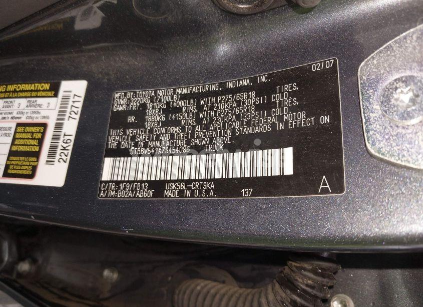 Photo 9 of 2007 Toyota Tundra SR5 5.7L V8 (VIN 5TBBV541X7S454086)