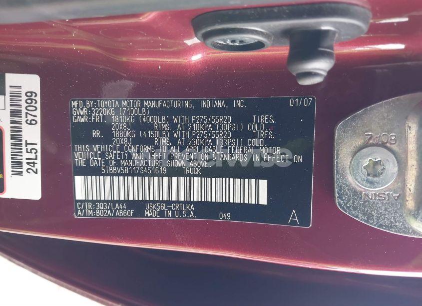 Photo 9 of 2007 Toyota Tundra LIMITED 5.7L V8 (VIN 5TBBV58117S451619)
