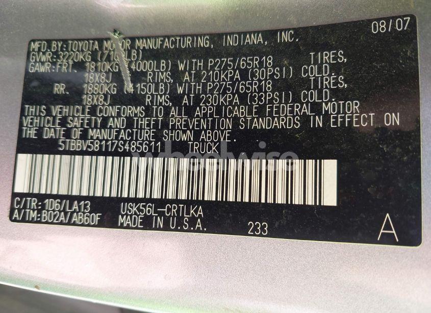 Photo 9 of 2007 Toyota Tundra LIMITED 5.7L V8 (VIN 5TBBV58117S485611)