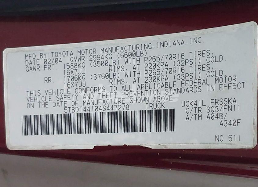 Photo 9 of 2004 Toyota Tundra SR5 V8 (VIN 5TBDT44104S447278)