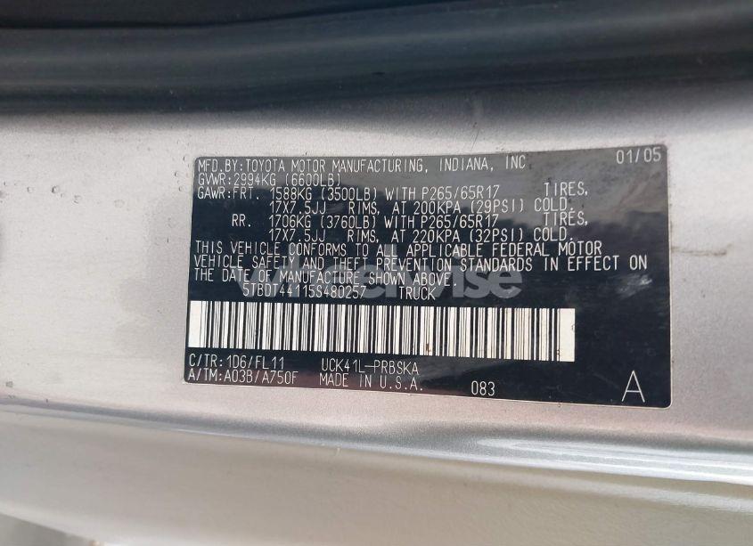 Photo 9 of 2005 Toyota Tundra SR5 V8 (VIN 5TBDT44115S480257)