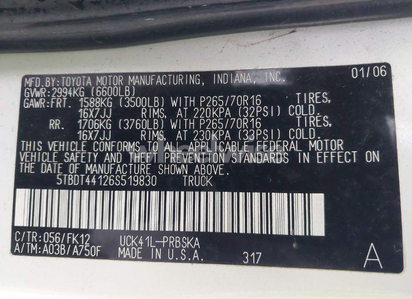 Photo 9 of 2006 Toyota Tundra SR5 V8 (VIN 5TBDT44126S519830)