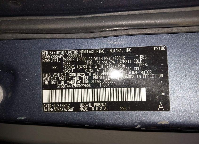 Photo 9 of 2006 Toyota Tundra SR5 V8 (VIN 5TBDT44126S522680)