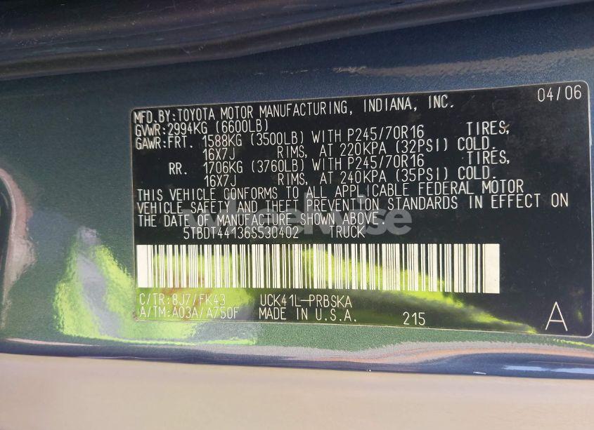 Photo 9 of 2006 Toyota Tundra SR5 V8 (VIN 5TBDT44136S530402)