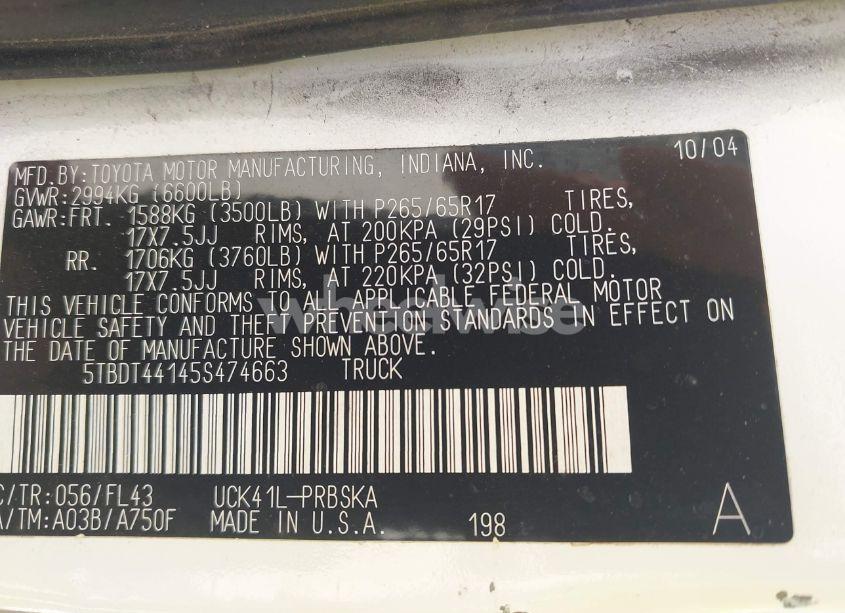 Photo 9 of 2005 Toyota Tundra SR5 V8 (VIN 5TBDT44145S474663)