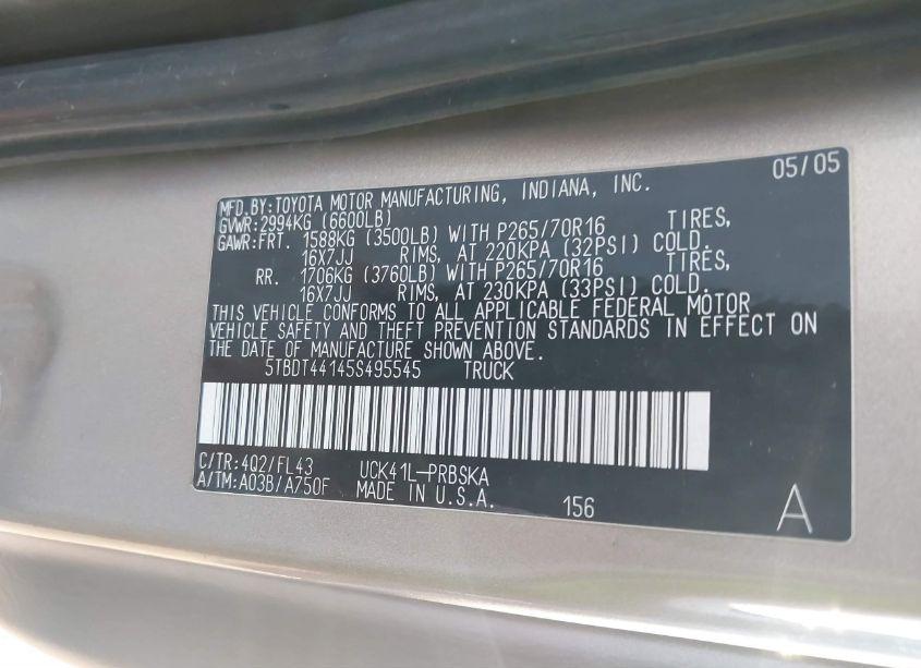 Photo 9 of 2005 Toyota Tundra SR5 V8 (VIN 5TBDT44145S495545)