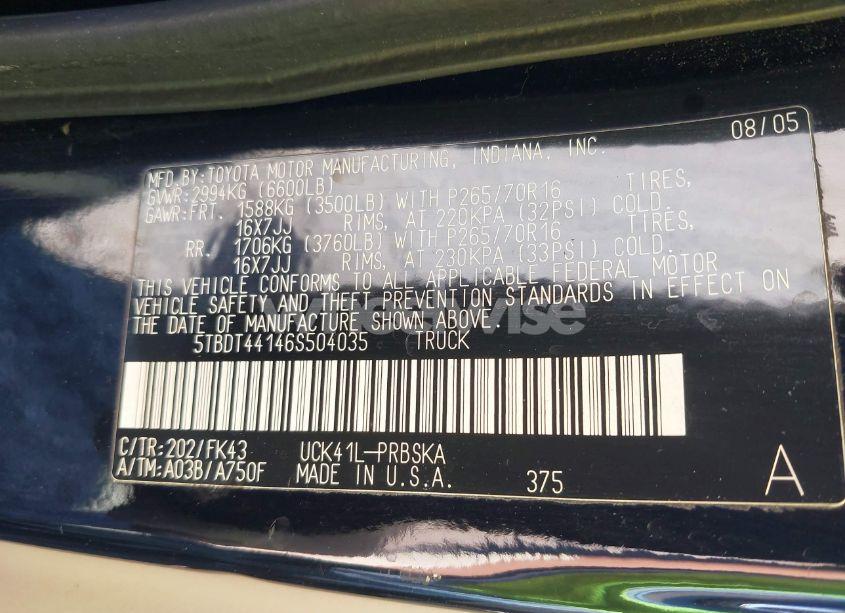 Photo 9 of 2006 Toyota Tundra SR5 V8 (VIN 5TBDT44146S504035)