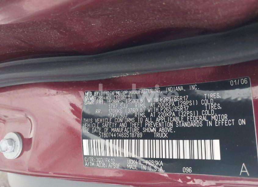 Photo 9 of 2006 Toyota Tundra SR5 V8 (VIN 5TBDT44146S518789)