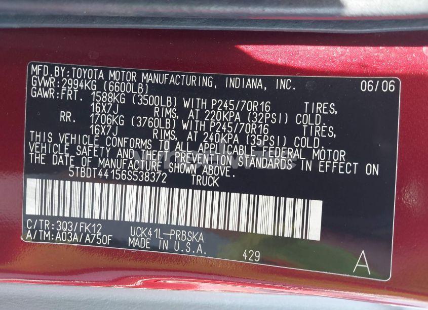 Photo 9 of 2006 Toyota Tundra SR5 V8 (VIN 5TBDT44156S538372)