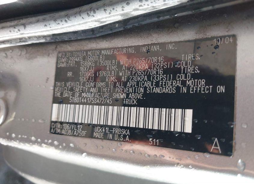 Photo 9 of 2005 Toyota Tundra SR5 V8 (VIN 5TBDT44175S472745)