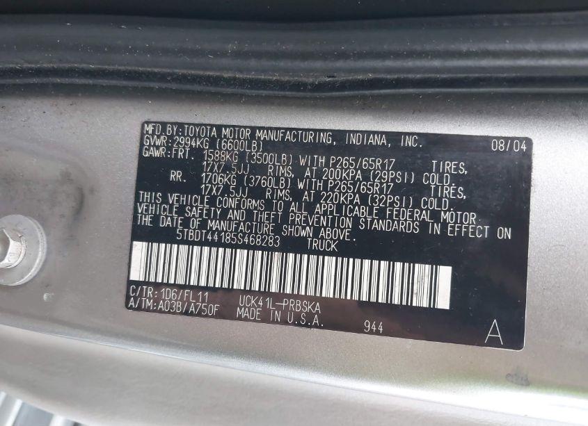 Photo 9 of 2005 Toyota Tundra SR5 V8 (VIN 5TBDT44185S468283)