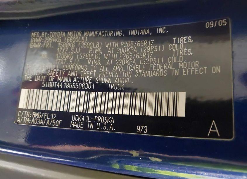 Photo 9 of 2006 Toyota Tundra SR5 V8 (VIN 5TBDT44186S508301)