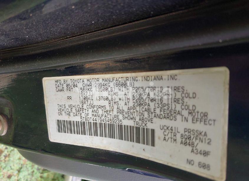 Photo 9 of 2004 Toyota Tundra SR5 V8 (VIN 5TBDT44194S459235)
