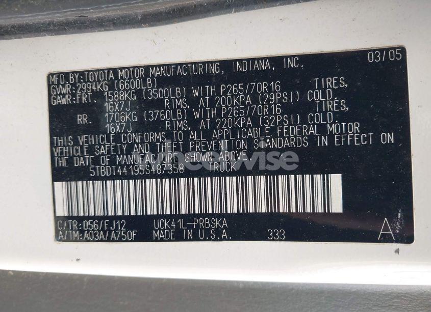 Photo 9 of 2005 Toyota Tundra SR5 V8 (VIN 5TBDT44195S487358)