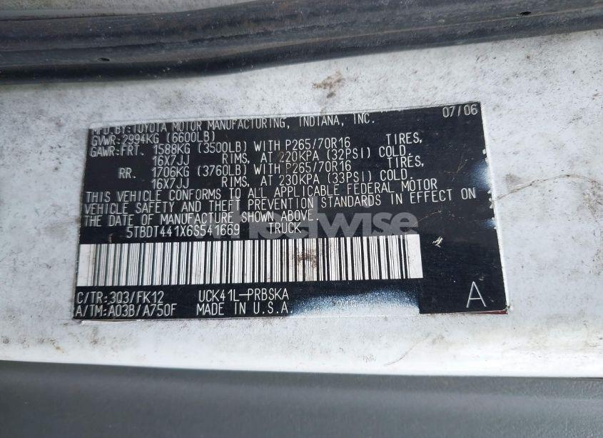 Photo 9 of 2006 Toyota Tundra SR5 V8 (VIN 5TBDT441X6S541669)