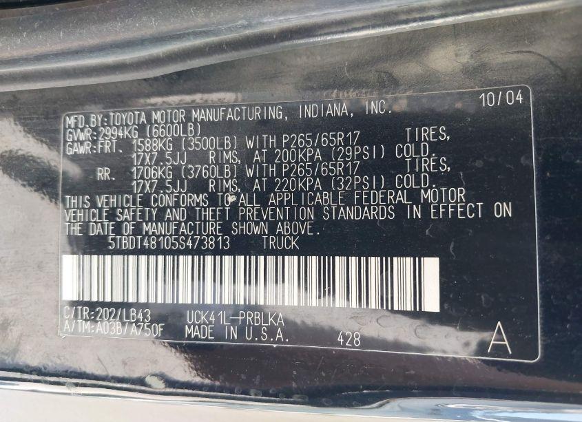 Photo 9 of 2005 Toyota Tundra LIMITED V8 (VIN 5TBDT48105S473813)