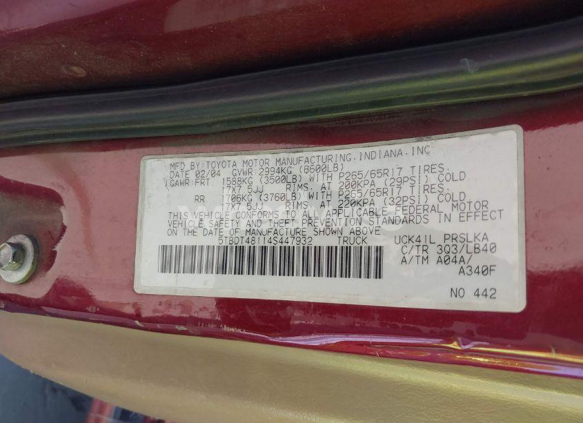 Photo 9 of 2004 Toyota Tundra LIMITED V8 (VIN 5TBDT48114S447932)