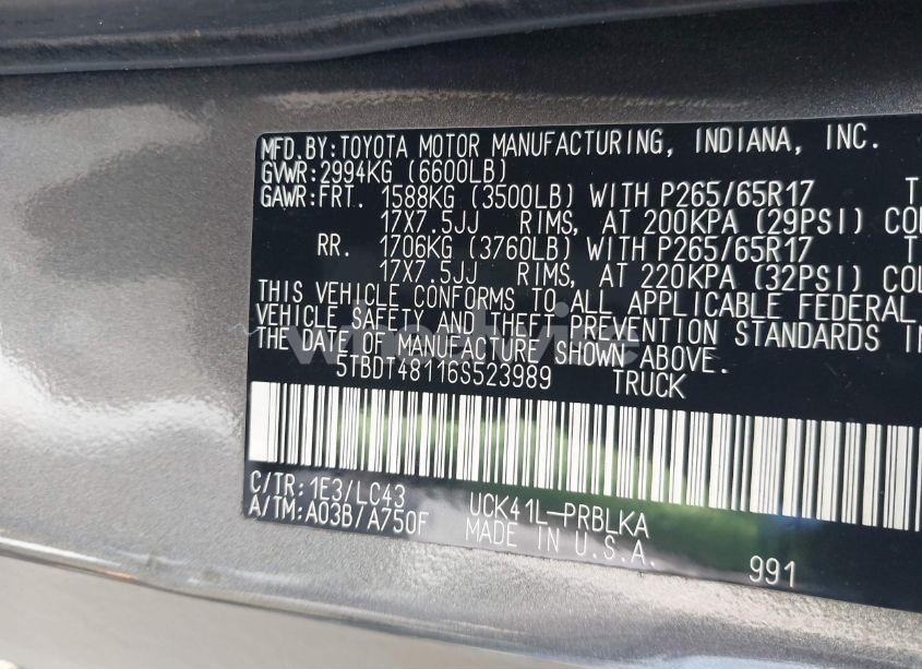 Photo 9 of 2006 Toyota Tundra LIMITED V8 (VIN 5TBDT48116S523989)