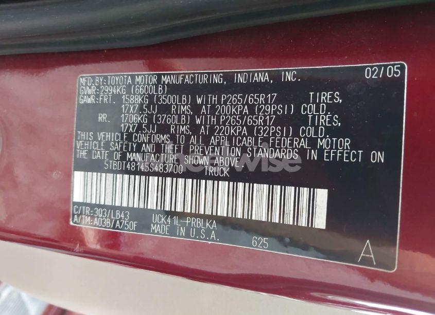 Photo 9 of 2005 Toyota Tundra LIMITED V8 (VIN 5TBDT48145S483700)