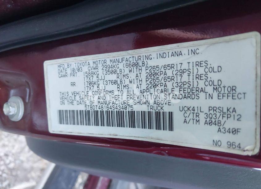 Photo 9 of 2004 Toyota Tundra LIMITED V8 (VIN 5TBDT48164S434075)