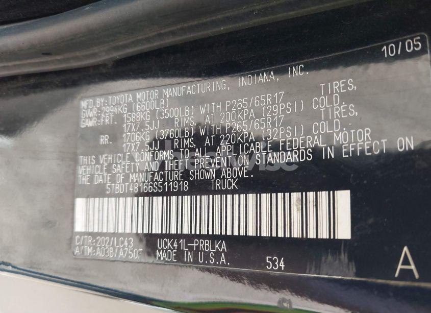 Photo 9 of 2006 Toyota Tundra LIMITED V8 (VIN 5TBDT48166S511918)