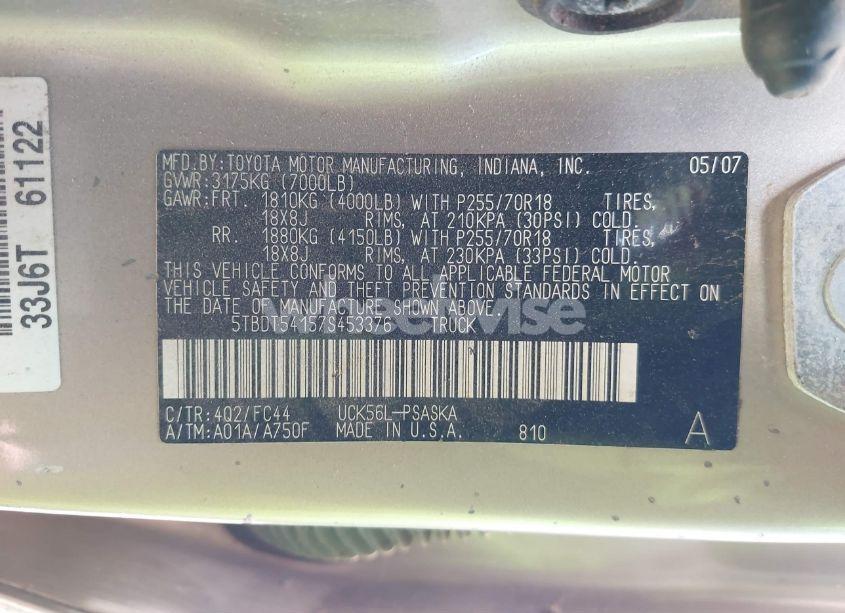 Photo 9 of 2007 Toyota Tundra SR5 4.7L V8 (VIN 5TBDT54157S453376)