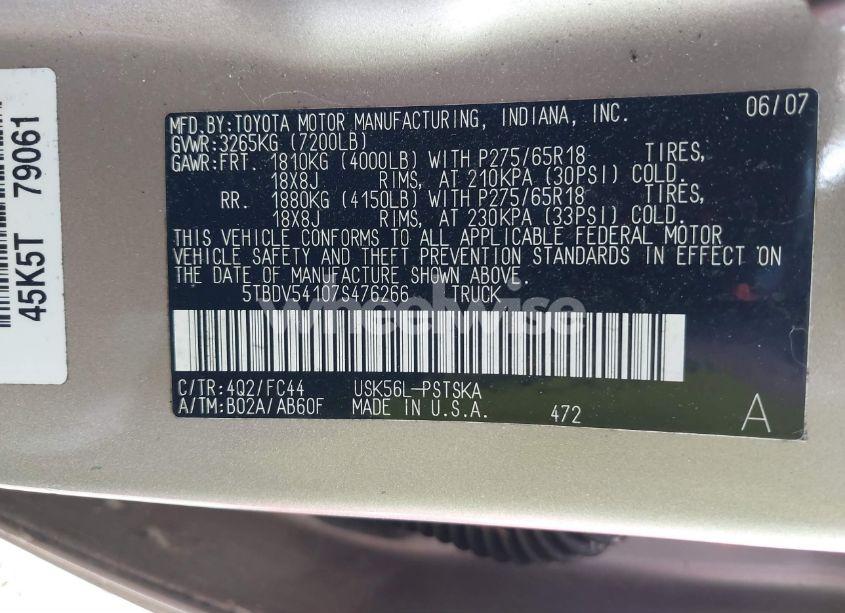Photo 9 of 2007 Toyota Tundra SR5 5.7L V8 (VIN 5TBDV54107S476266)