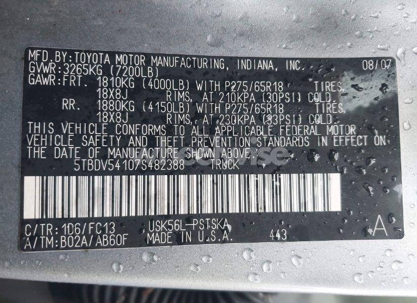 Photo 9 of 2007 Toyota Tundra SR5 5.7L V8 (VIN 5TBDV54107S482388)