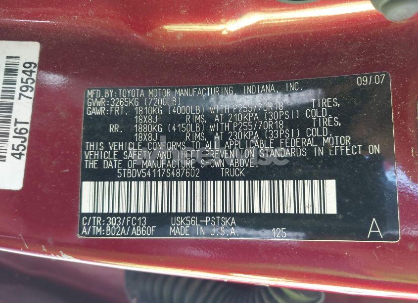 Photo 9 of 2007 Toyota Tundra SR5 5.7L V8 (VIN 5TBDV54117S487602)