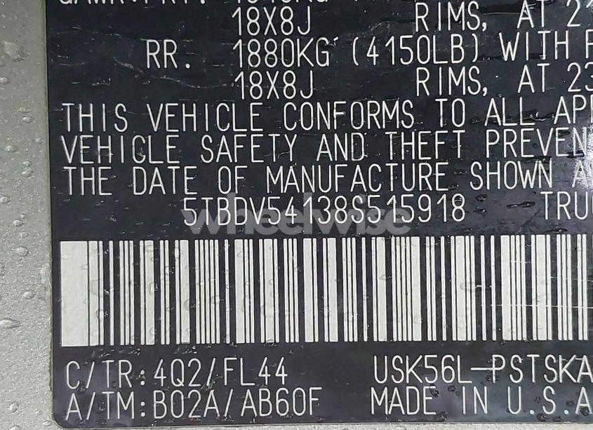 Photo 9 of 2008 Toyota Tundra SR5 5.7L V8 (VIN 5TBDV54138S515918)