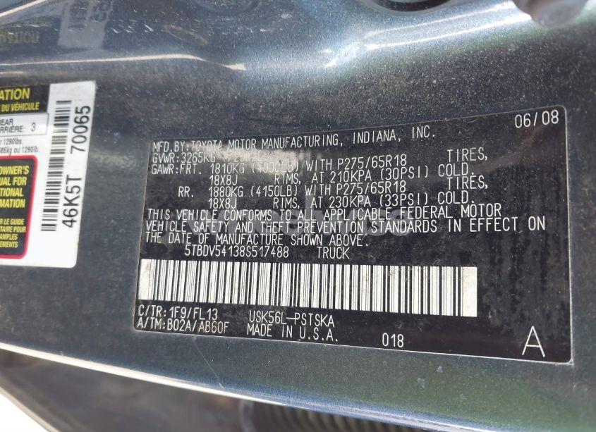 Photo 9 of 2008 Toyota Tundra SR5 5.7L V8 (VIN 5TBDV54138S517488)
