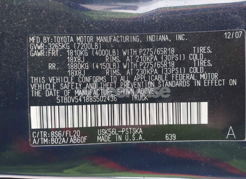 Photo 9 of 2008 Toyota Tundra SR5 5.7L V8 (VIN 5TBDV54188S502436)