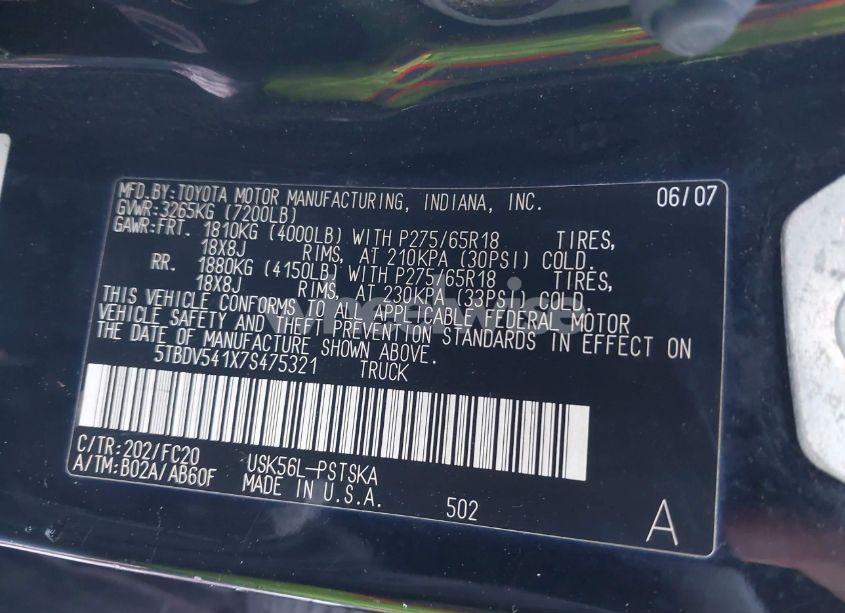 Photo 9 of 2007 Toyota Tundra SR5 5.7L V8 (VIN 5TBDV541X7S475321)