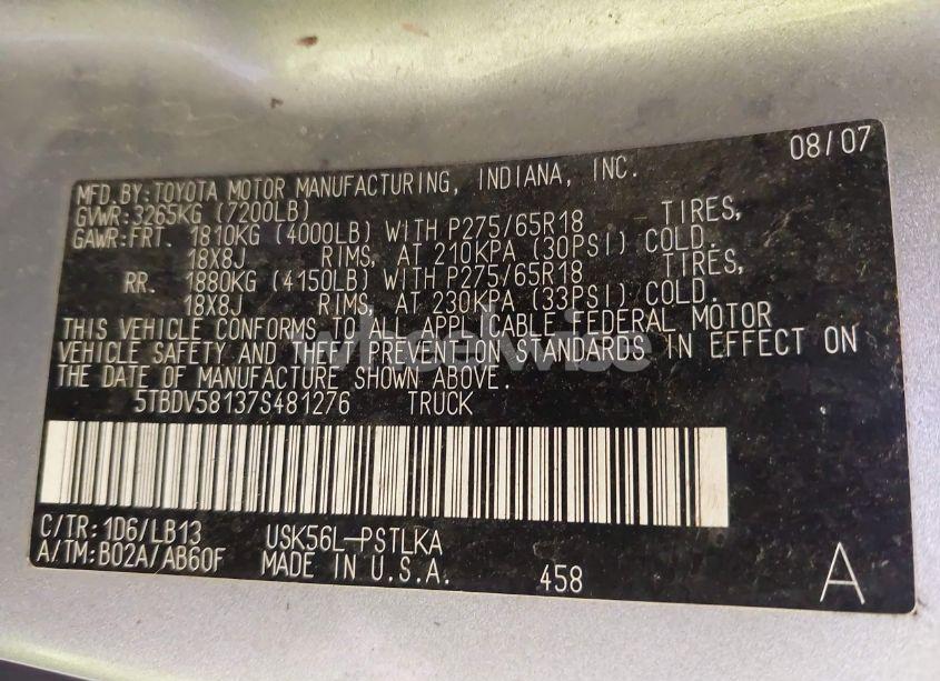 Photo 9 of 2007 Toyota Tundra LIMITED 5.7L V8 (VIN 5TBDV58137S481276)