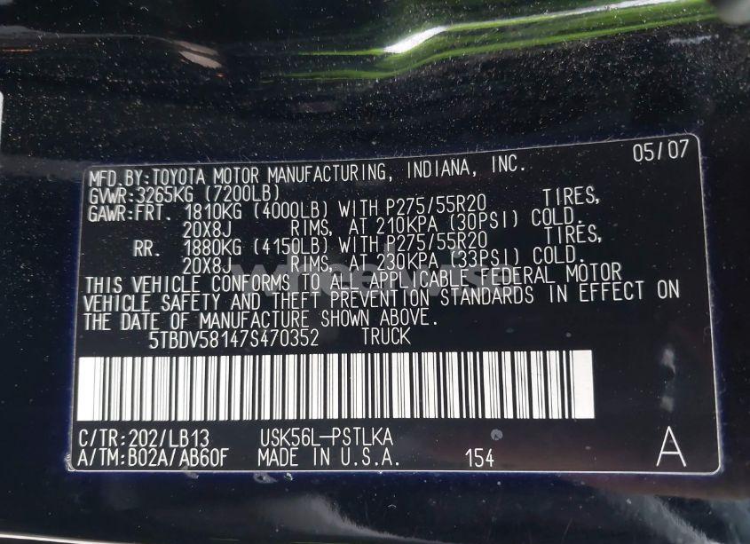 Photo 9 of 2007 Toyota Tundra LIMITED 5.7L V8 (VIN 5TBDV58147S470352)