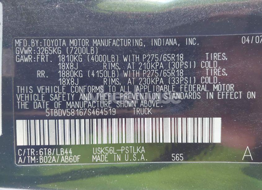 Photo 9 of 2007 Toyota Tundra LIMITED 5.7L V8 (VIN 5TBDV58167S464519)