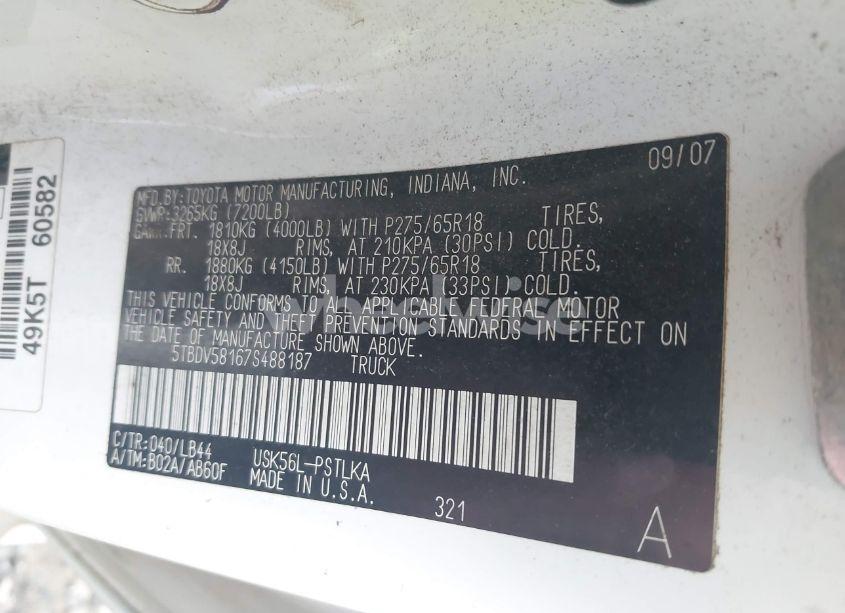 Photo 9 of 2007 Toyota Tundra LIMITED 5.7L V8 (VIN 5TBDV58167S488187)