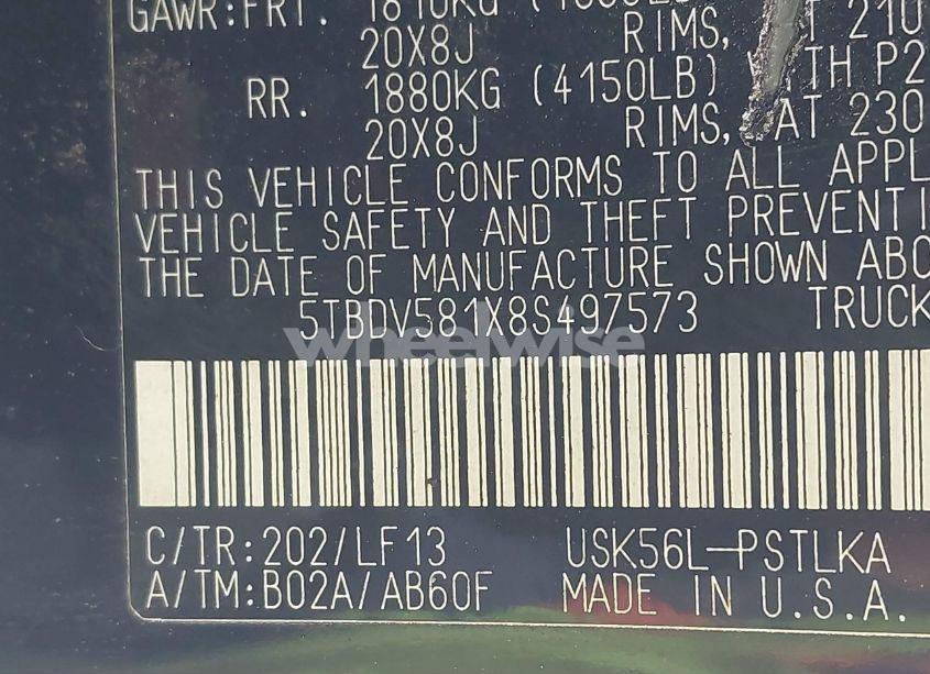 Photo 9 of 2008 Toyota Tundra LIMITED 5.7L V8 (VIN 5TBDV581X8S497573)