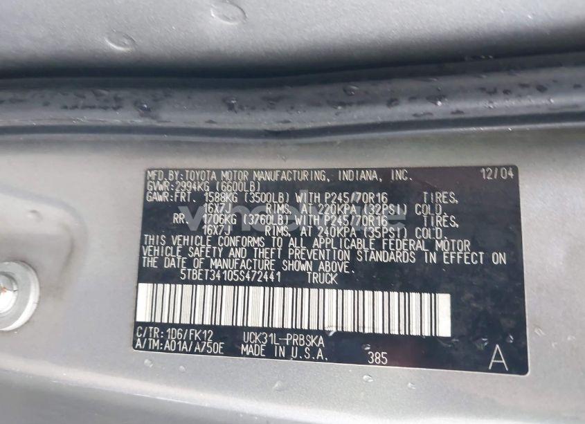 Photo 9 of 2005 Toyota Tundra SR5 V8 (VIN 5TBET34105S472441)