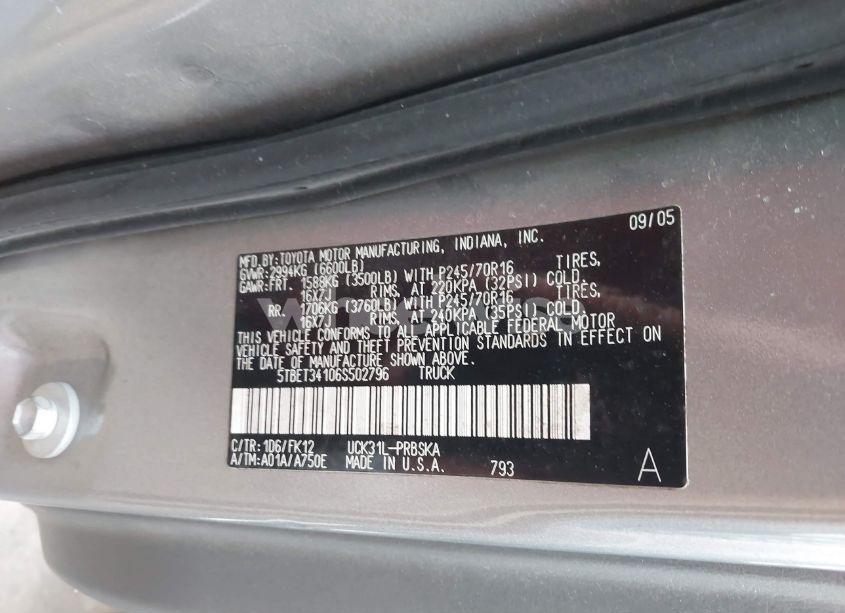 Photo 9 of 2006 Toyota Tundra SR5 V8 (VIN 5TBET34106S502796)